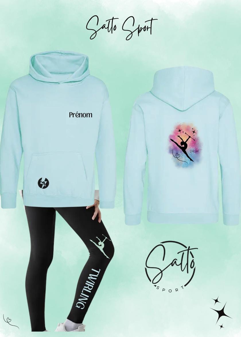 Ensemble sweat a capuche et leggings TWIRLING gym au choix Rose, Violet, Turquoise et Vert menthe