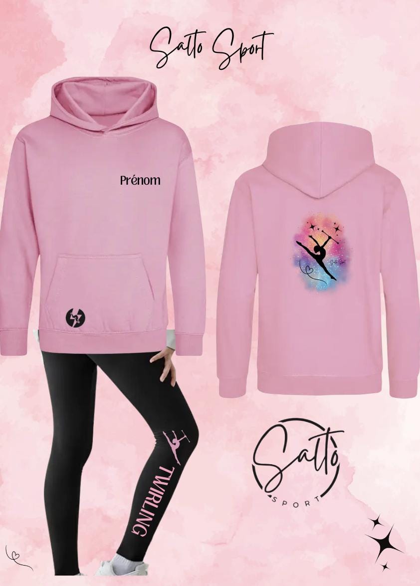 Ensemble sweat a capuche et leggings TWIRLING gym au choix Rose, Violet, Turquoise et Vert menthe
