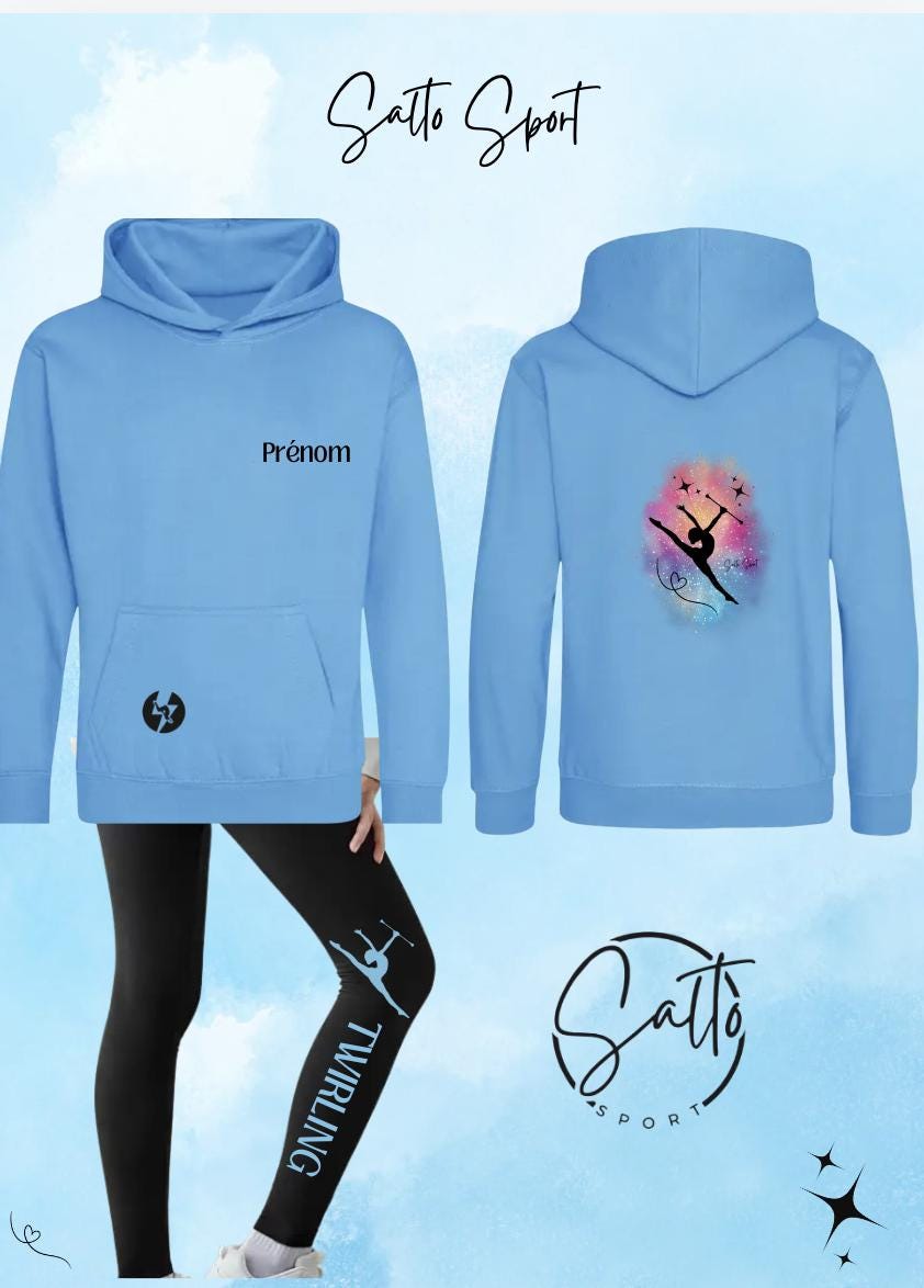 Ensemble sweat a capuche et leggings TWIRLING gym au choix Rose, Violet, Turquoise et Vert menthe