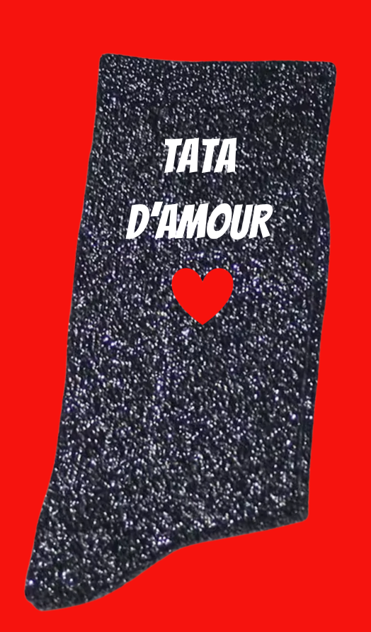 Chaussettes à paillettes MAMAN D'AMOUR, MAMIE D'AMOUR, TATA D'AMOUR, MARRAINE D'AMOUR