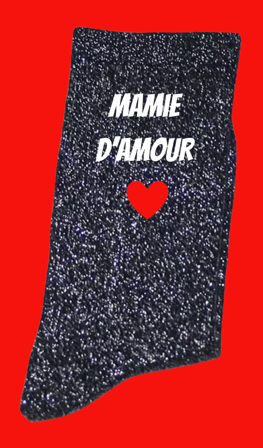 Chaussettes à paillettes MAMAN D'AMOUR, MAMIE D'AMOUR, TATA D'AMOUR, MARRAINE D'AMOUR