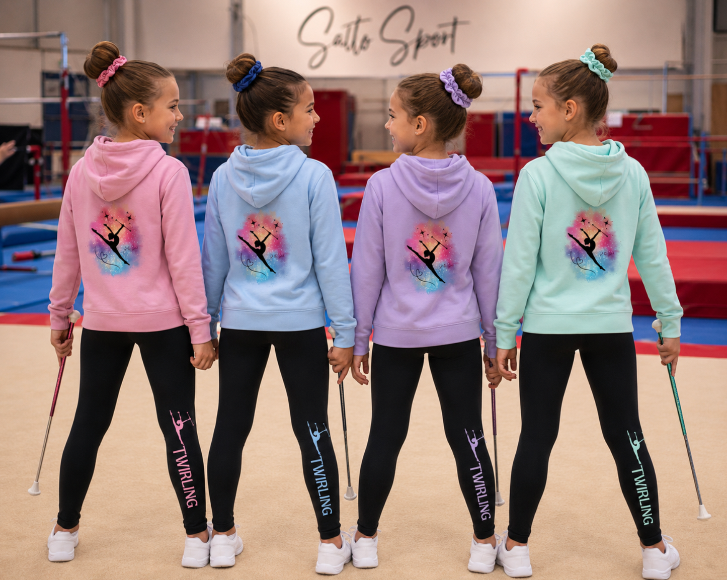 Ensemble sweat a capuche et leggings TWIRLING gym au choix Rose, Violet, Turquoise et Vert menthe