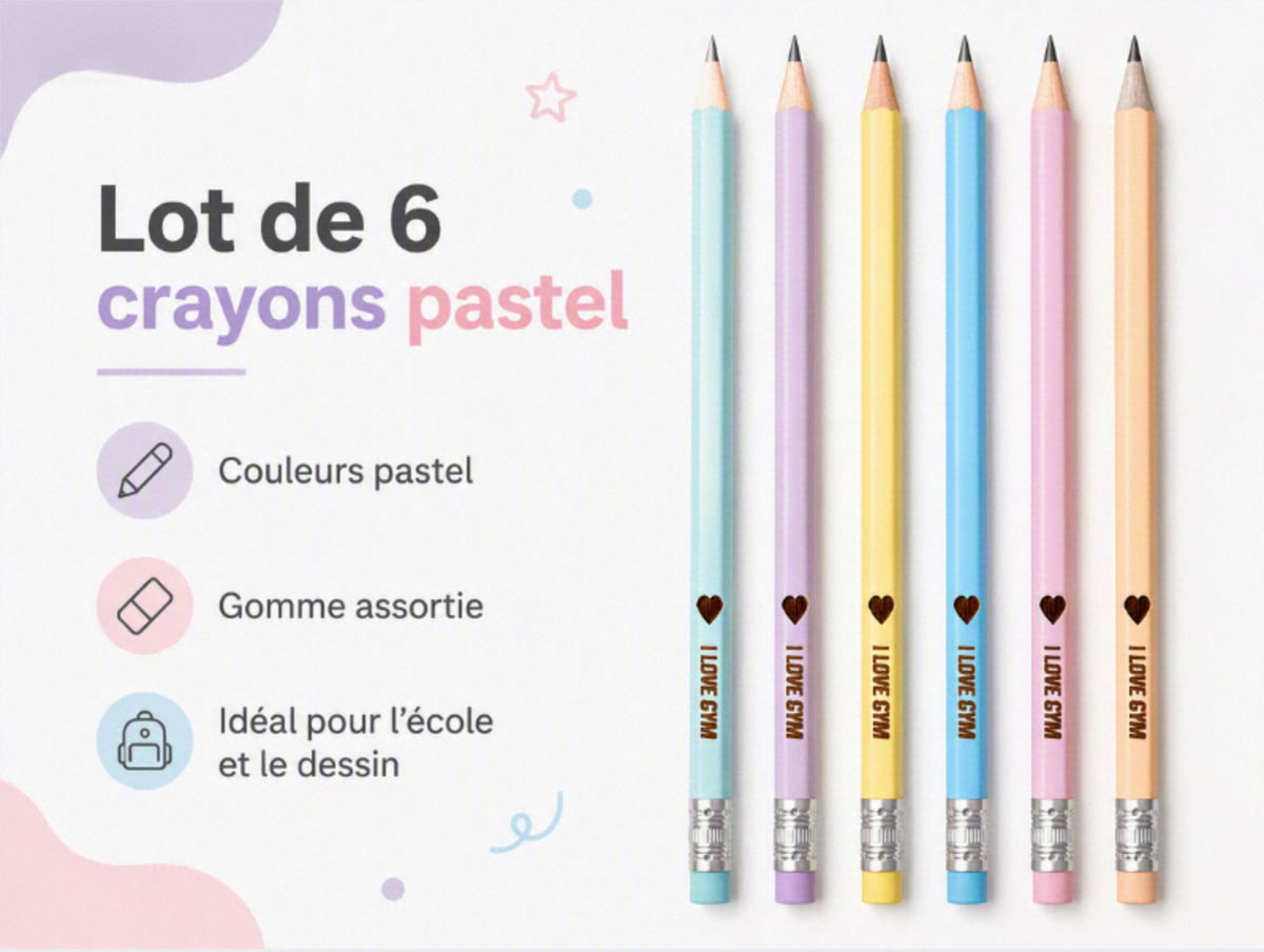 Lot de 6 crayons de papier I LOVE GYM couleurs pastel