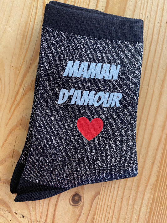 Chaussettes à paillettes MAMAN D'AMOUR, MAMIE D'AMOUR, TATA D'AMOUR, MARRAINE D'AMOUR