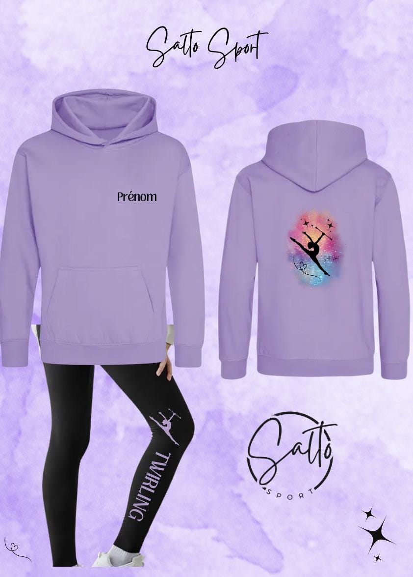 Ensemble sweat a capuche et leggings TWIRLING gym au choix Rose, Violet, Turquoise et Vert menthe